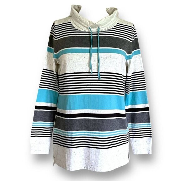 T by Talbots Womens Top Medium Petite MP Gray Blue Stripe Cowlneck Pullover - Picture 2 of 7